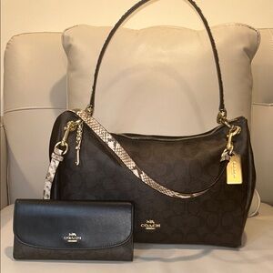 Coach Mia Signature Coated Brown Shoulder Bag with Wallet